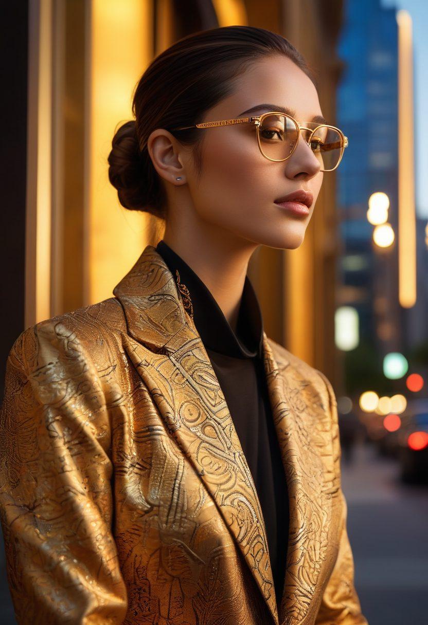 A stylish individual in a chic urban setting, showcasing Cazal's luxurious designer frames. The frames should be prominently displayed, reflecting opulence with gold accents and intricate patterns. Include a blurred background of a fashionable cityscape to convey an upscale vibe, while the subject wears trendy attire. Soft lighting to enhance sophistication. super-realistic. vibrant colors. 3D.