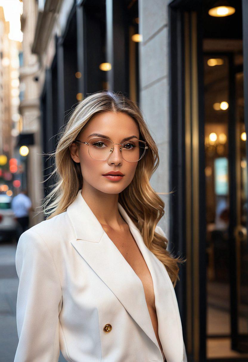 A stylish model showcasing exquisite Cazal eyewear, standing in an upscale urban setting with a chic boutique in the background. The glasses should gleam under soft golden lighting, highlighting their unique designs and elegance. The model is dressed in high-fashion attire, exuding confidence and sophistication. Capture a sense of luxury and modernity in the scene. super-realistic. vibrant colors. elegant atmosphere.
